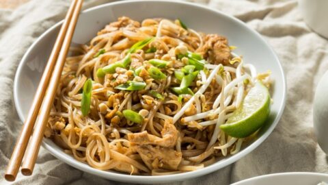 Homemade Chicken Pad Thai with Rice Noodles, Bean Sprouts and Peanuts