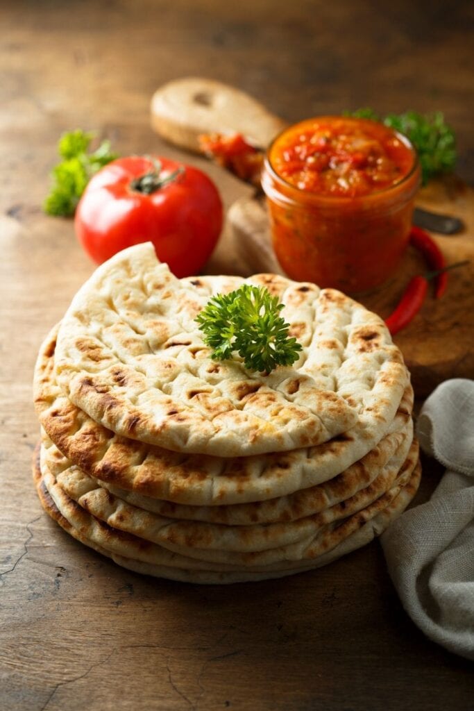 Homemade Greek Pita Bread with Chili Sauce