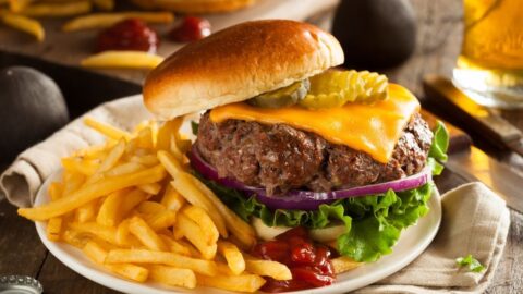 Homemade Hamburger with Fries and Ketchup