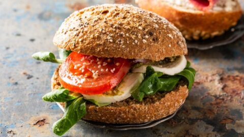 Homemade Italian Caprese Sandwich with Tomatoes, Mozzarella and Lettuce