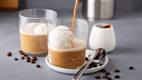 Pouring Coffee Affogato in Glasses with Ice Cream and Espresso