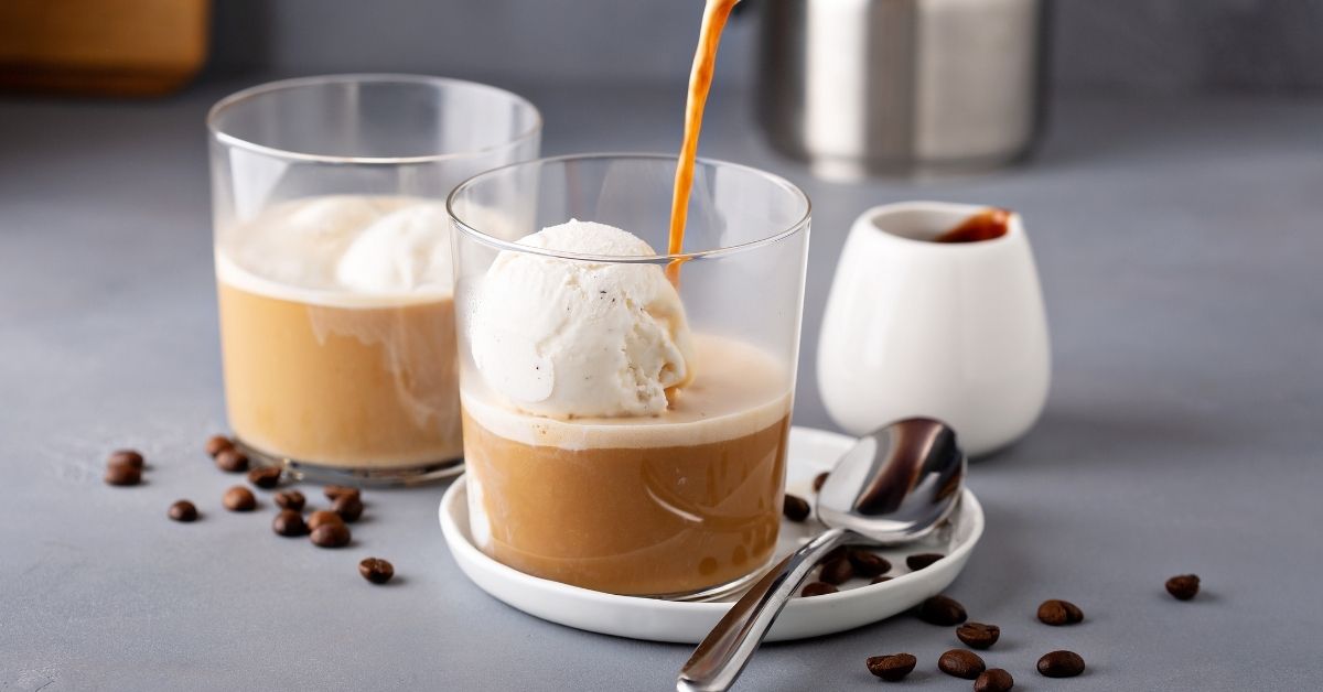 Pouring Coffee Affogato in Glasses with Ice Cream and Espresso