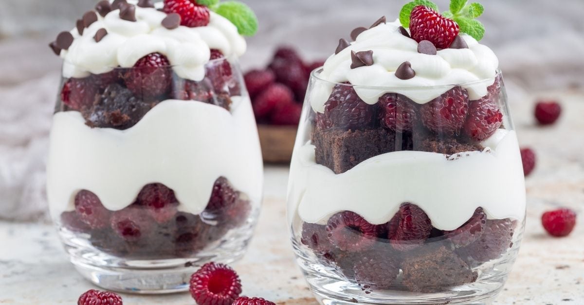 Sweet Brownie Trifle with Cream and Raspberries