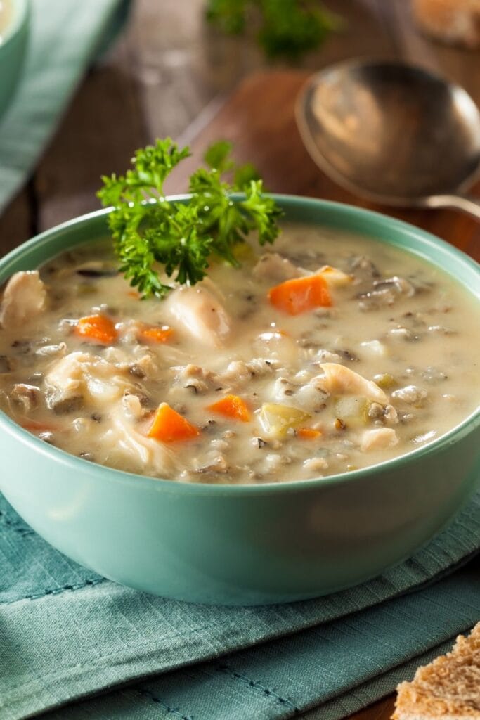 Wild Rice and Turkey Soup in a Bowl