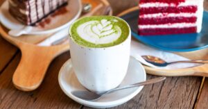 A Cup of Green Tea Latte with Desserts