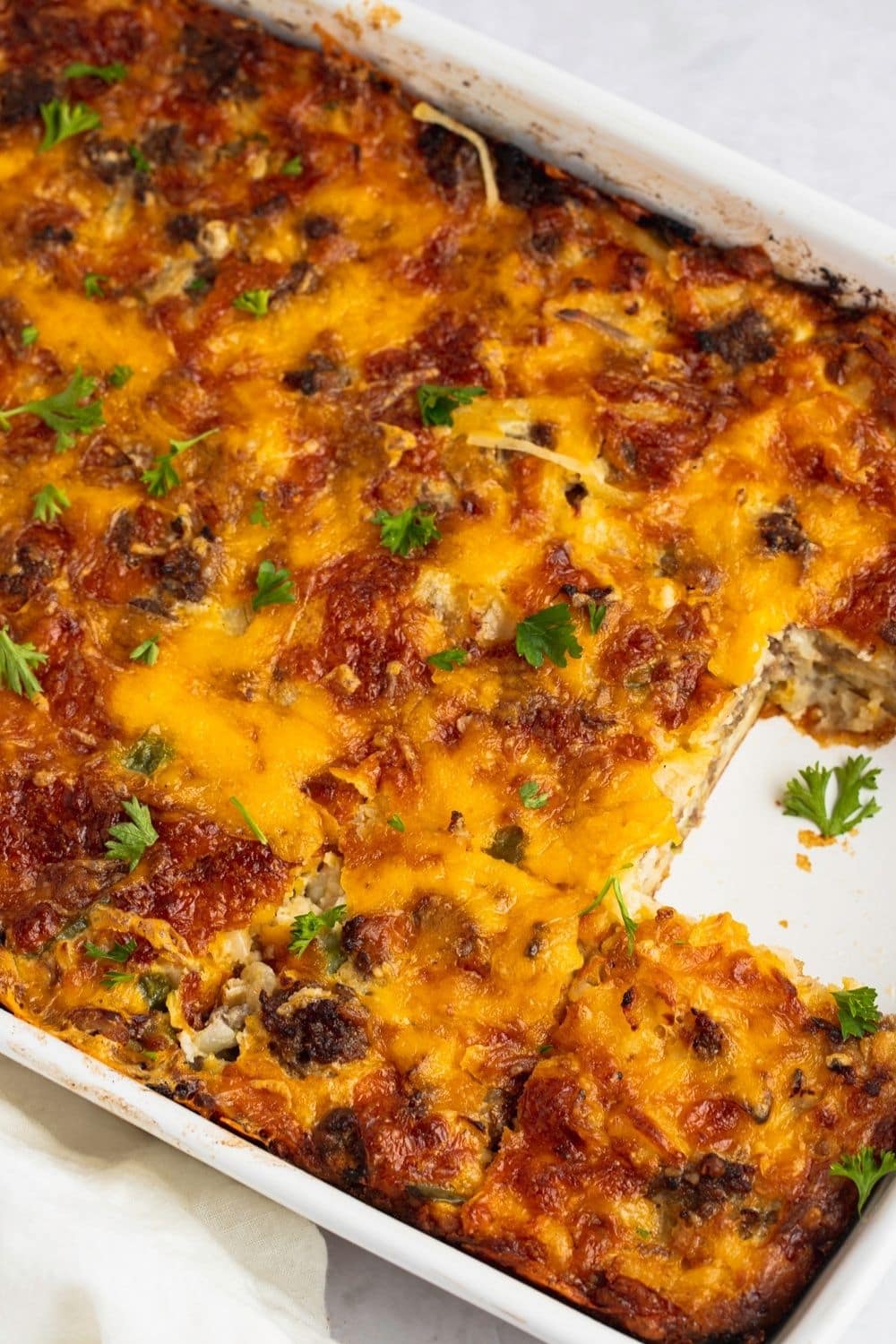 Breakfast Casserole with Pork Sausage, Cheese and Vegetables