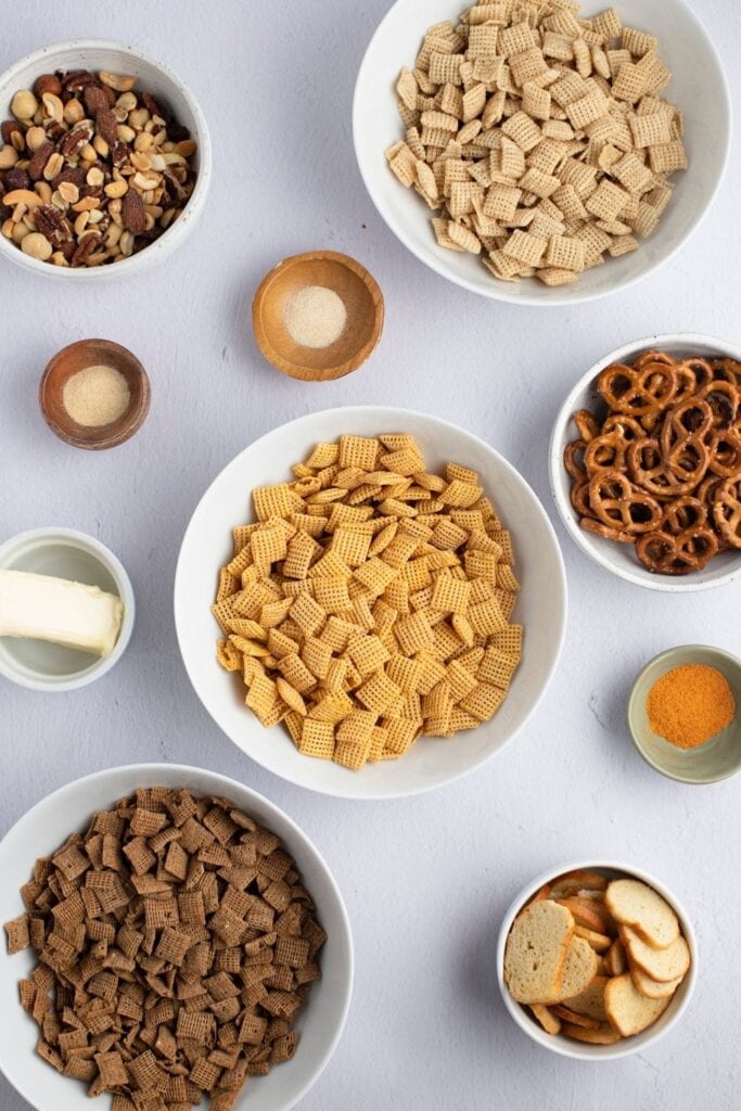 Chex Mix Ingredients: Chex Cereals, Mixed Nuts, Pretzels, Bagel Chips and Sauce