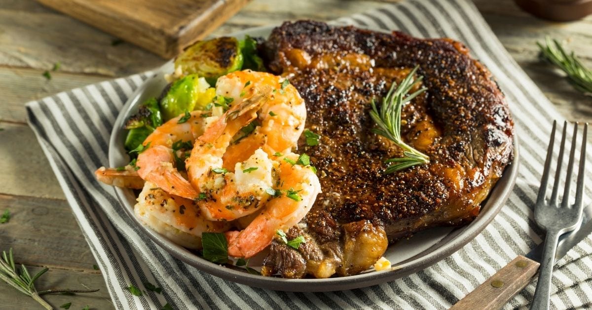 Gourmet Homemade Steak and Shrimp in a Plate