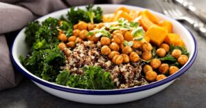 Healthy Homemade Grain Bowl with Quinoa, Chickpeas, Kale and Butternut Squash