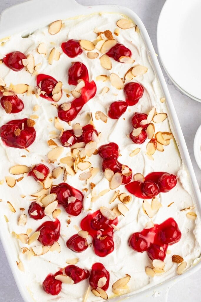 Heaven On Earth Cake with Cherry Pie Filling and Almonds