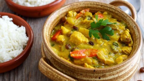 Homemade Chicken Curry In A Bowl with Rice