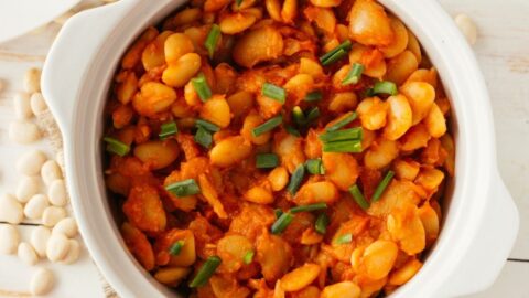 Homemade Lima Beans with Green Beans in a White Pan