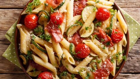 Homemade Penne Pasta with Tomatoes, Prosciutto and Herbs