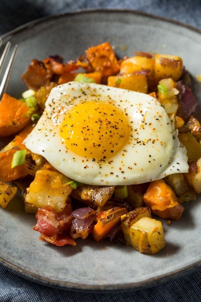 Sweet Potato Hash with Egg and Bacons