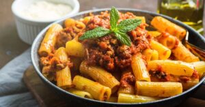 Homemade Rigatoni Pasta with Ground Beef and Tomatoes