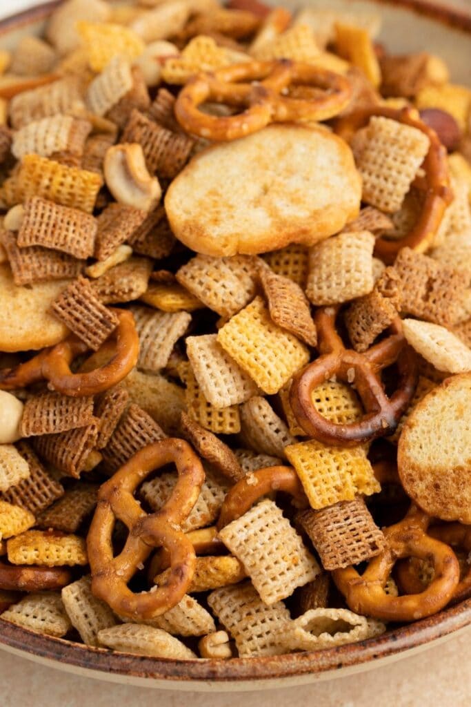 Homemade Snack Chex Mix with Pretzels, Bagel Chips and Breakfast Cereals