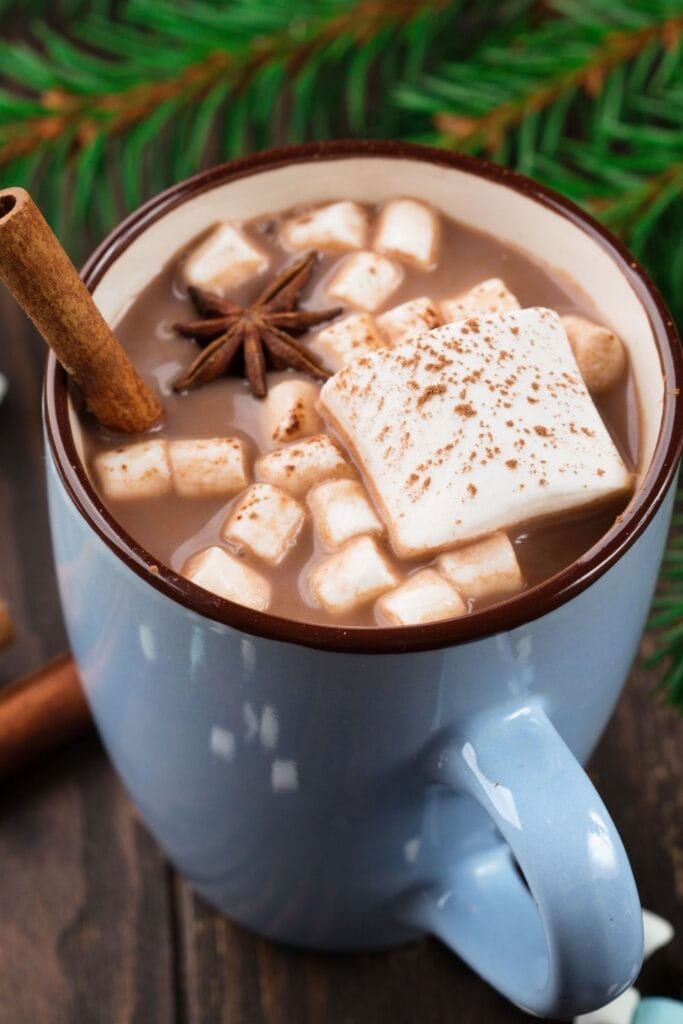 Hot Chocolate with Cinnamon and Marshmallows in a Blue Mug