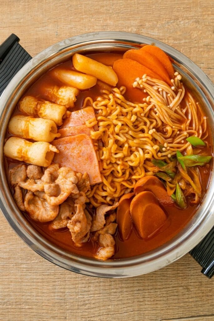 Korean Army Stew or Budae Jjigae with Noodles, Ham and Sausage