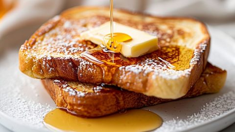 Side View of Pouring Maple Syrup Onto Two Slices of McCormick French Toast with Butter and Powdered Sugar on a White Plate