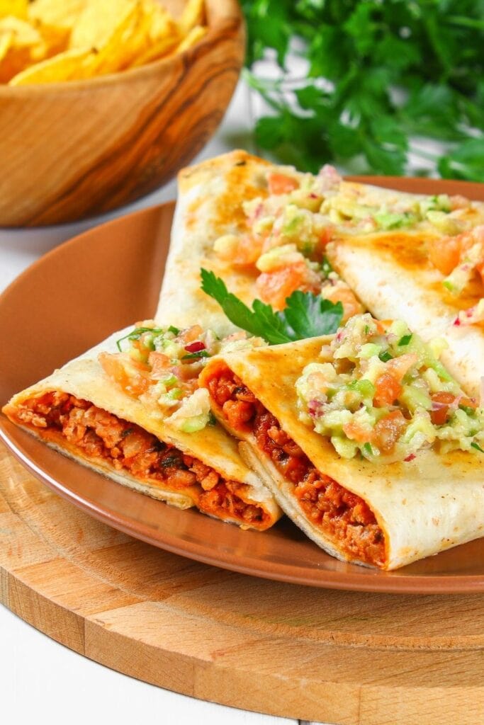 Mexican Chimichangas with Guacamole and Minced Meat