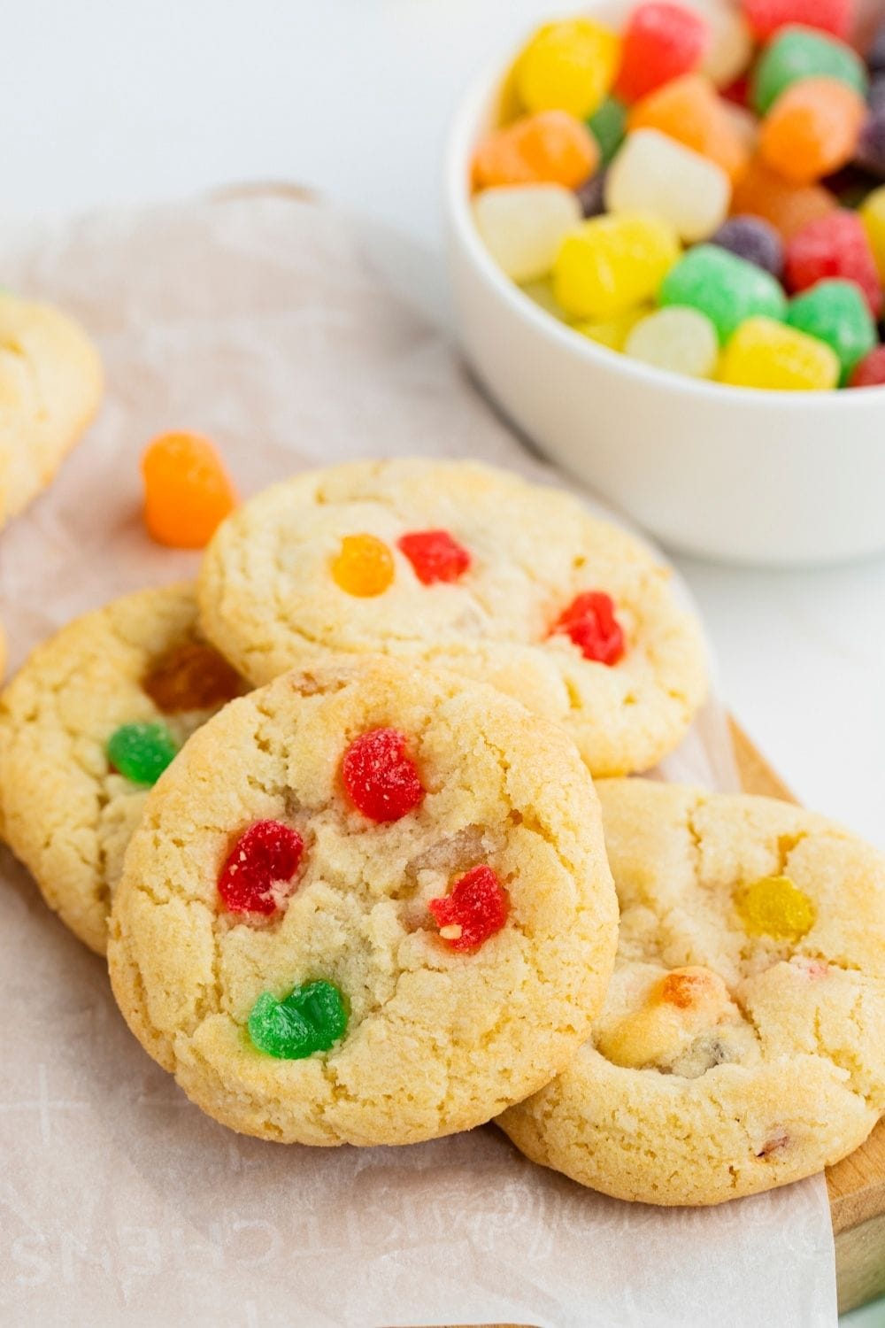 Bunch of cookies with colorful gumdrops. 