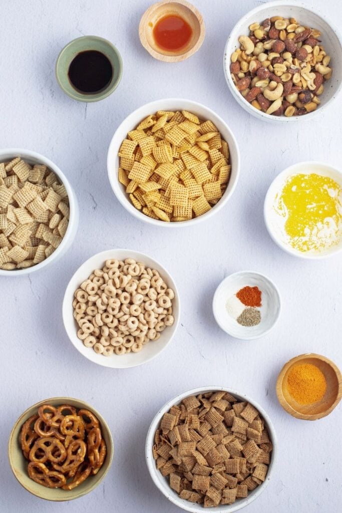 Texas Trash Ingredients: Wheat, Rice, Corn, Cheerios, Pretzel Crisps and Nuts