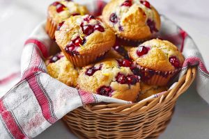 Cranberry Orange Muffins in a Basket with Red Plaid Kitchen Towel
