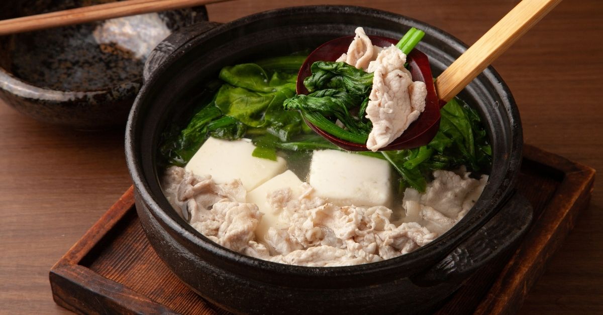 Bowl of Boiled Tofu with Pork and Spinach