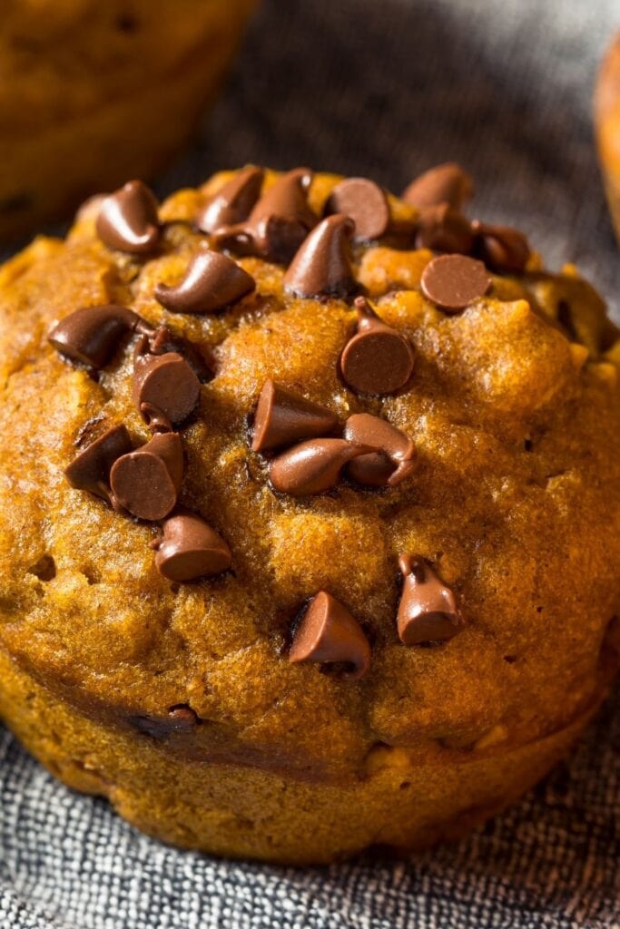Close-up of easy two-ingredient pumpkin muffins with chocolate chips