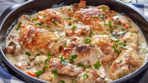 Creamy Stewed Chicken with Mushrooms and Herbs