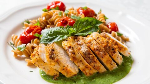 Healthy Homemade Chicken Dinner with Tomatoes and Pasta