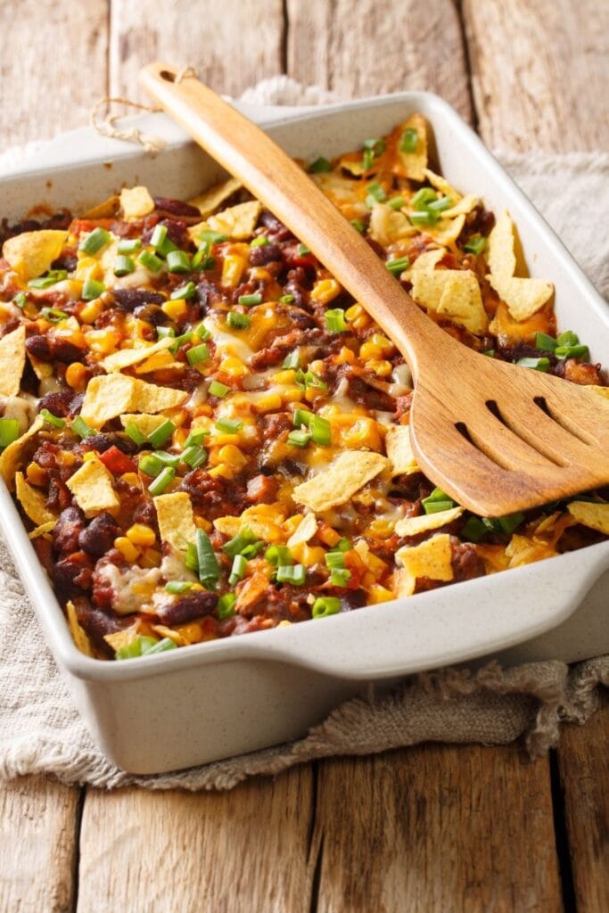 Homemade Frito Ground Beef Casserole with Beans, Corn and Green Onions