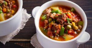 Homemade Hamburger Soup with Ground Beef, Peas and Corn