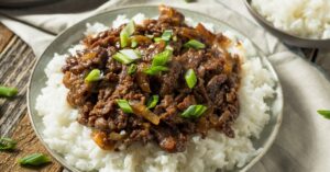 Homemade Korean Ground Beef Rice Bowls with Green Onions