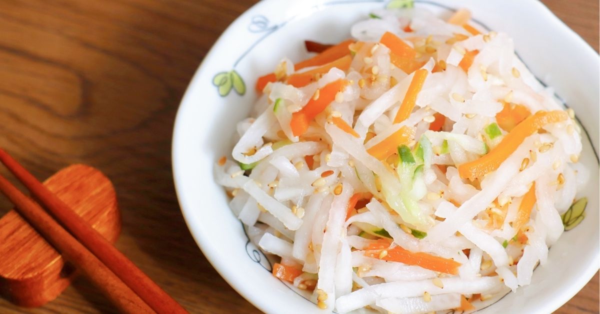 Homemade Pickled Daikon Raddish and Carrots in a Bowl