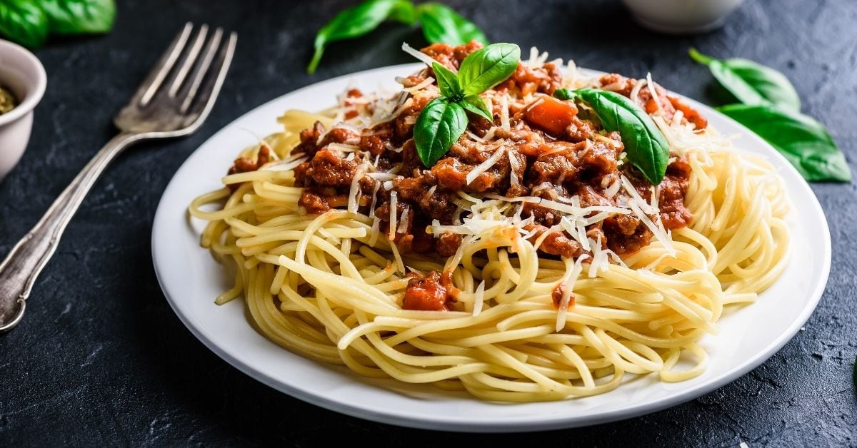 Homemade Spaghetti Bolognese with Ground Beef in a Plate