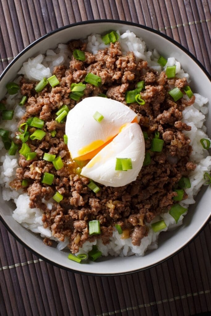 Japanese Soboro: Spicy Ground Beef with Poached Egg and Rice