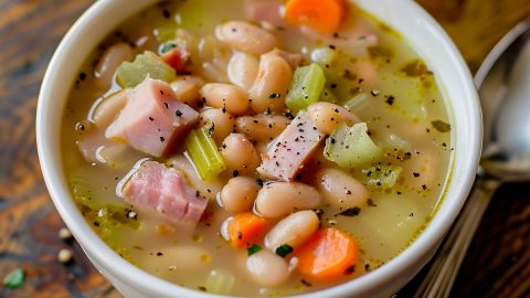 Top View of Bowl of Old-Fashioned Ham and Bean Soup on a Wooden Table with a Spoon