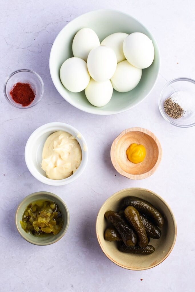 Paula Deen Deviled Eggs Ingredients - Eggs, Mustard, Pickle Relish, Mayonnaise, Salt and Pepper, Pickles and Diced Pimentos