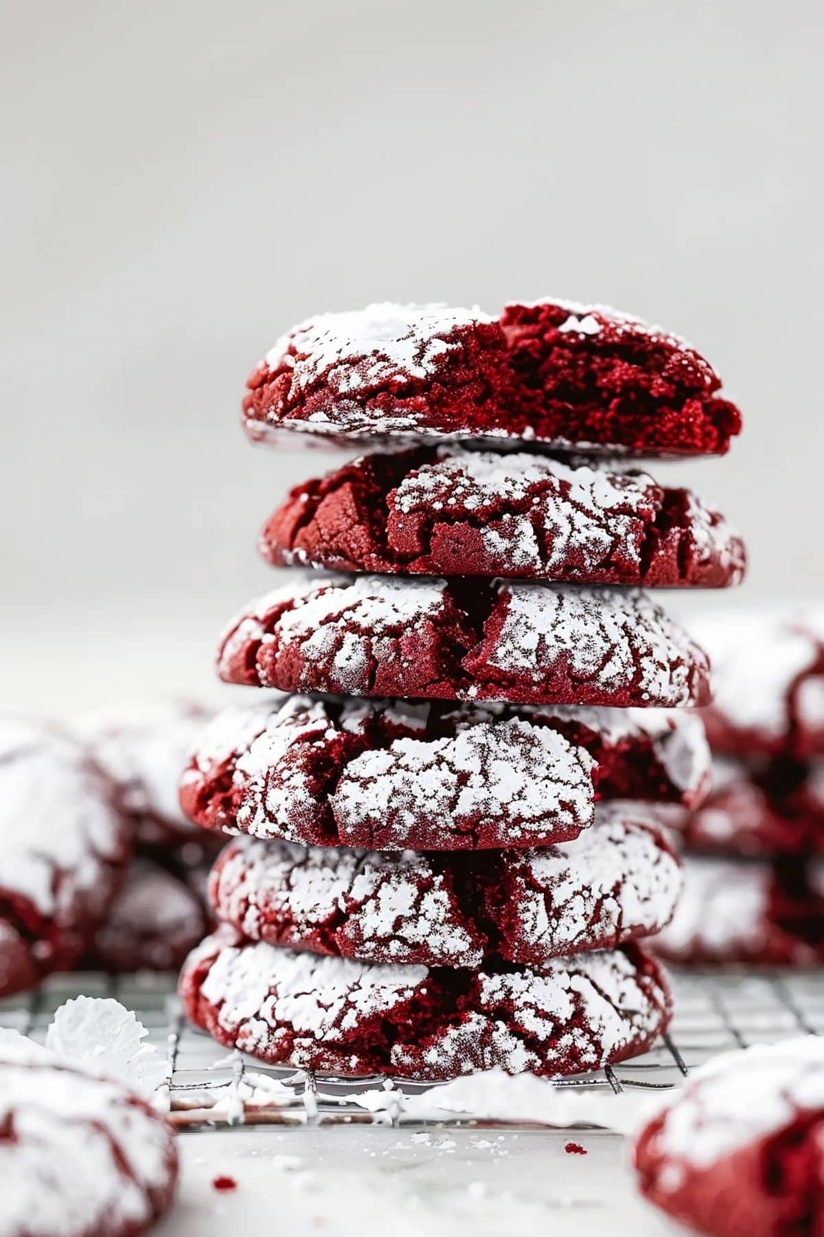 Stack of red velvet crinkle cookies