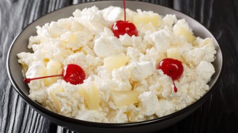 Sweet Fluff Dessert with Marshmallows, Cherries and Pineapple Chunks
