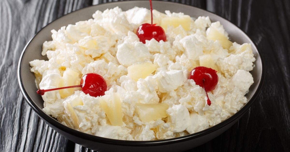 Sweet Fluff Dessert with Marshmallows, Cherries and Pineapple Chunks