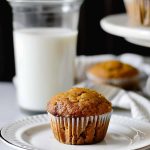 Two-Ingredient Pumpkin Muffins on a White Plate with a Glass of Milk