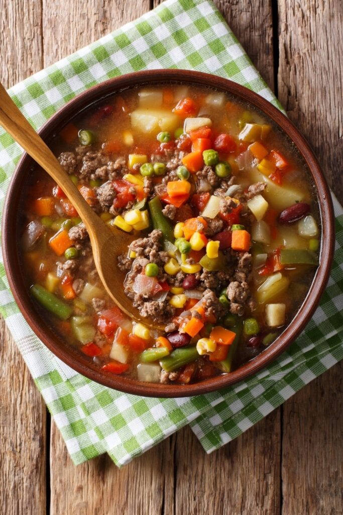 Beef Vegetable Soup with Corn, Carrots and Green Beans