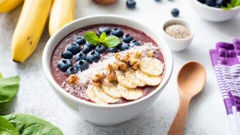 Bowl of Acai Smoothie Bowl with Blueberries and Bananas