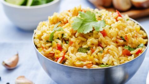 Bowl of Homemade Rice Pilaf with Saffron