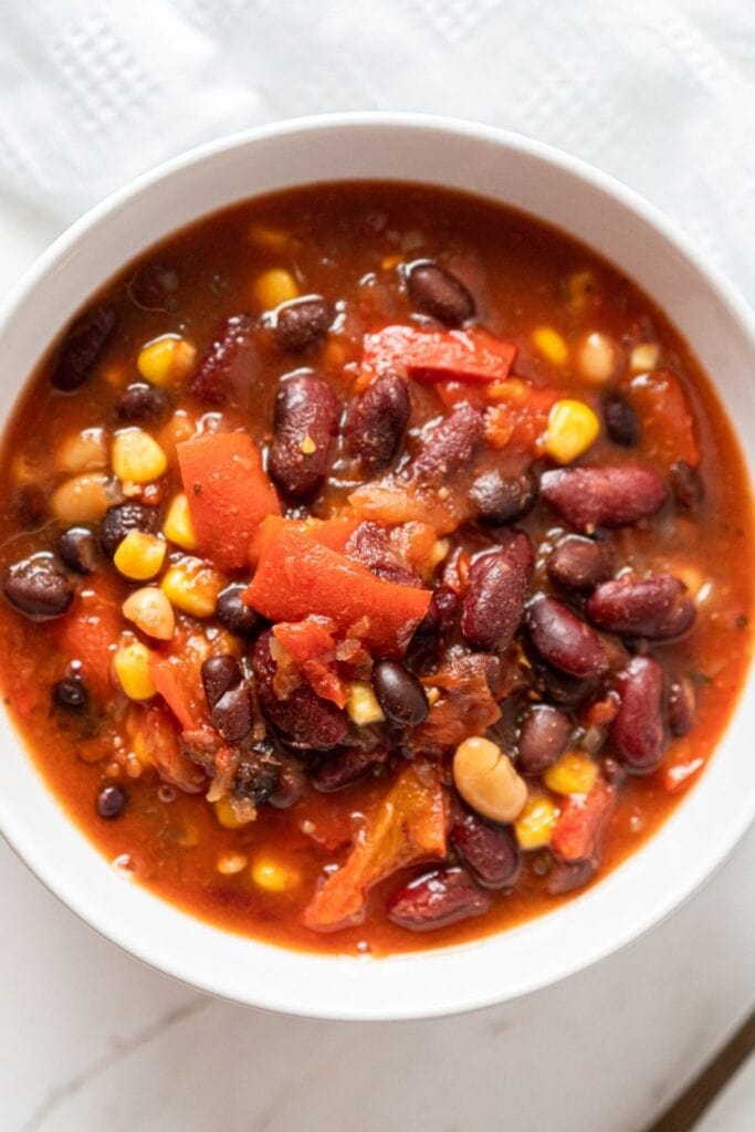 Bowl of Vegan Chili with Beans and Corn