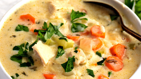 Bowl of Warm Homemade Panera Chicken and Wild Rice Soup with Vegetables