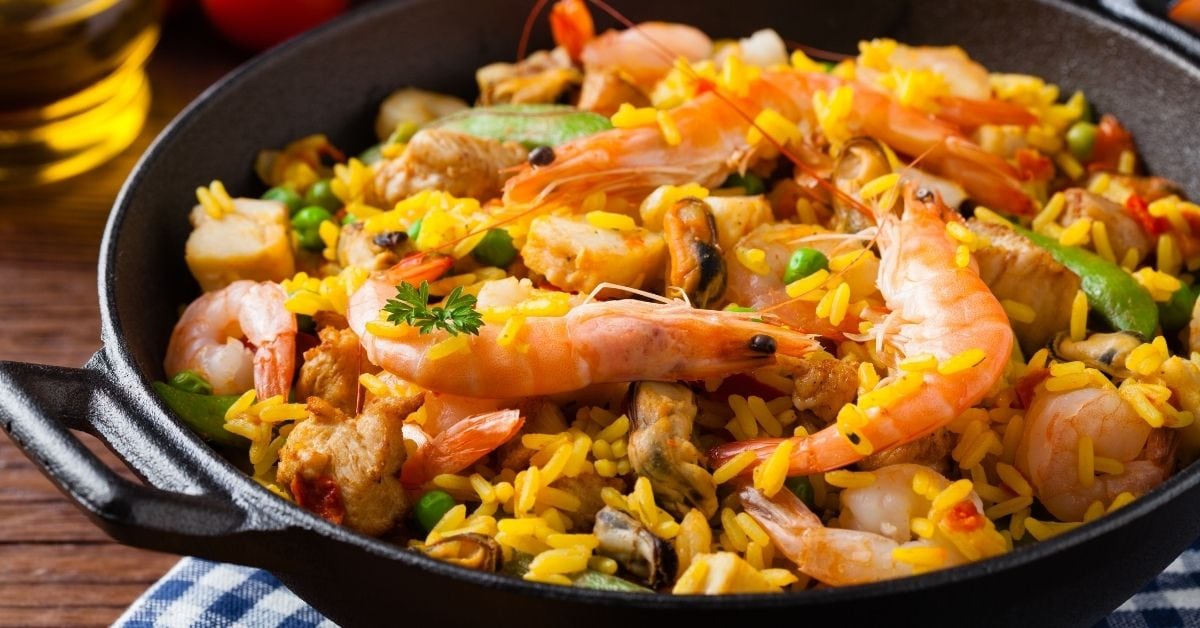 Chicken and Shrimp Paella with Rice and Greens