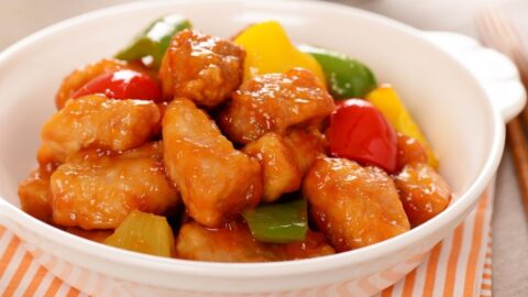 Chinese Sweet and Sour Pork in a White Bowl